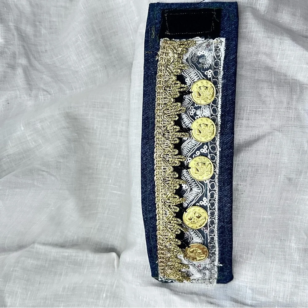 OOAK Upcycled Denim Gold Coin Charm Sequins Cuff Bracelet Boho Lined Signed - Picture 10 of 12